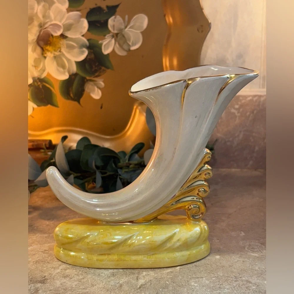 Vintage Horn O' Plenty Cornucopia Vase, Creamy White, 1940s Era